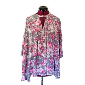 Umgee Women's Floral Tunic Top Size Small Boho Blouse Bell Sleeves Keyhole Neck